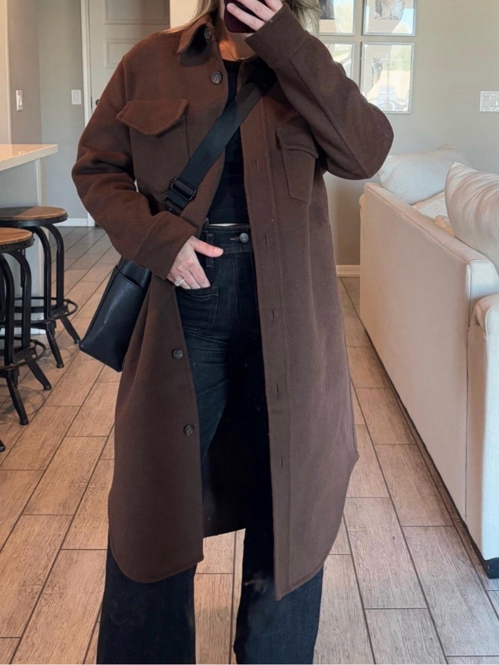 OAK + FORT Dark Brown Button-Front Long Trench Coat